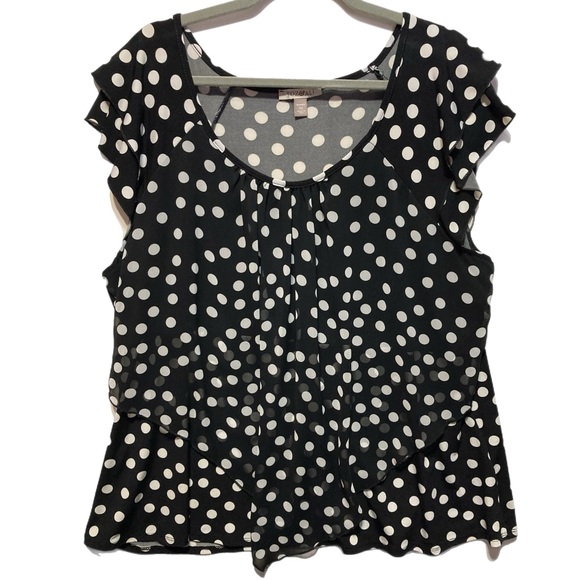 EUC Roz & Ali 3x Black White Polka Dot Flutter Sleeve Blouse 11087 - Picture 1 of 8